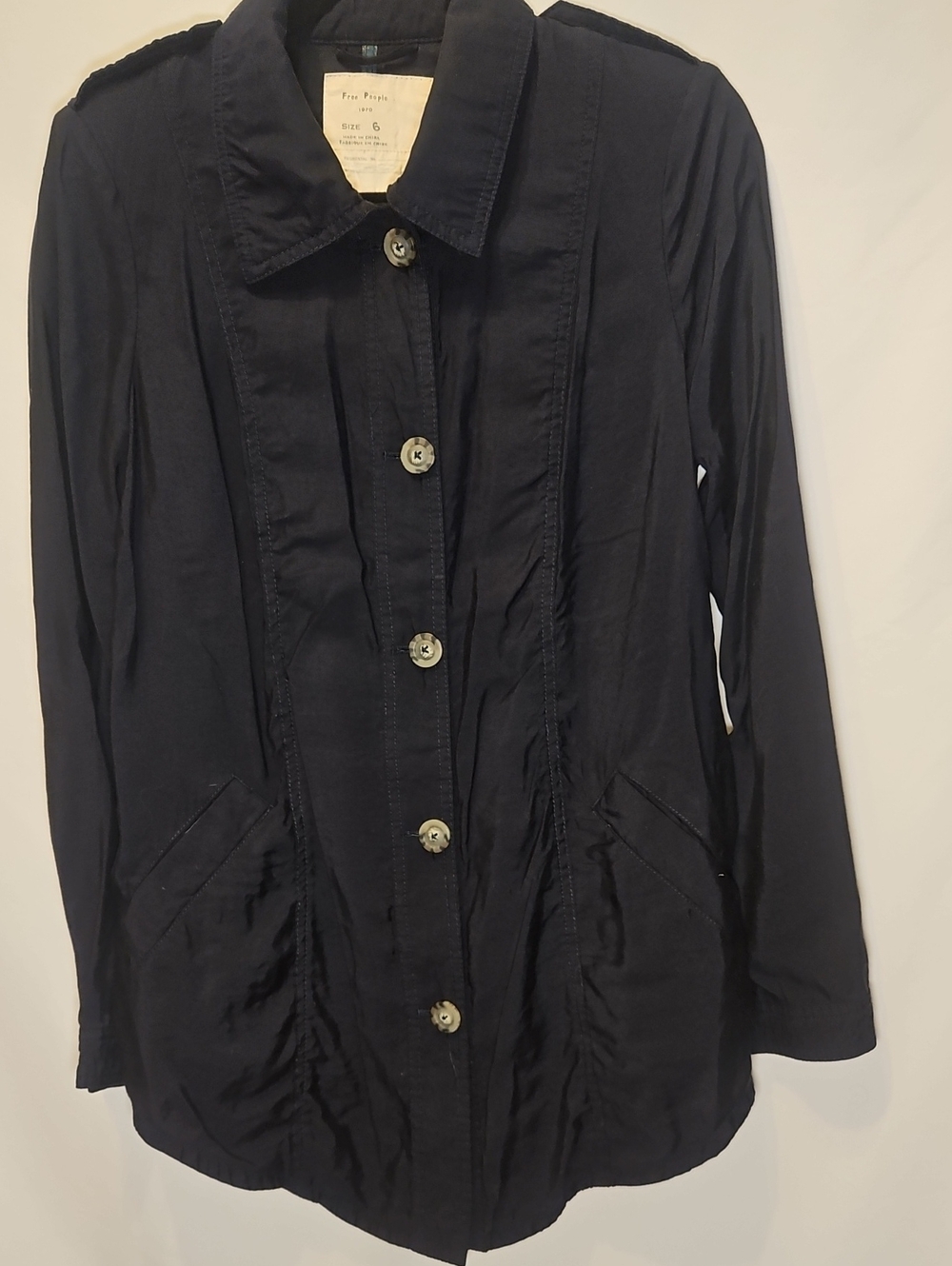 Free People 1920 Womens 6 Navy Ruched Button Front Long Jacket Tunic Boho